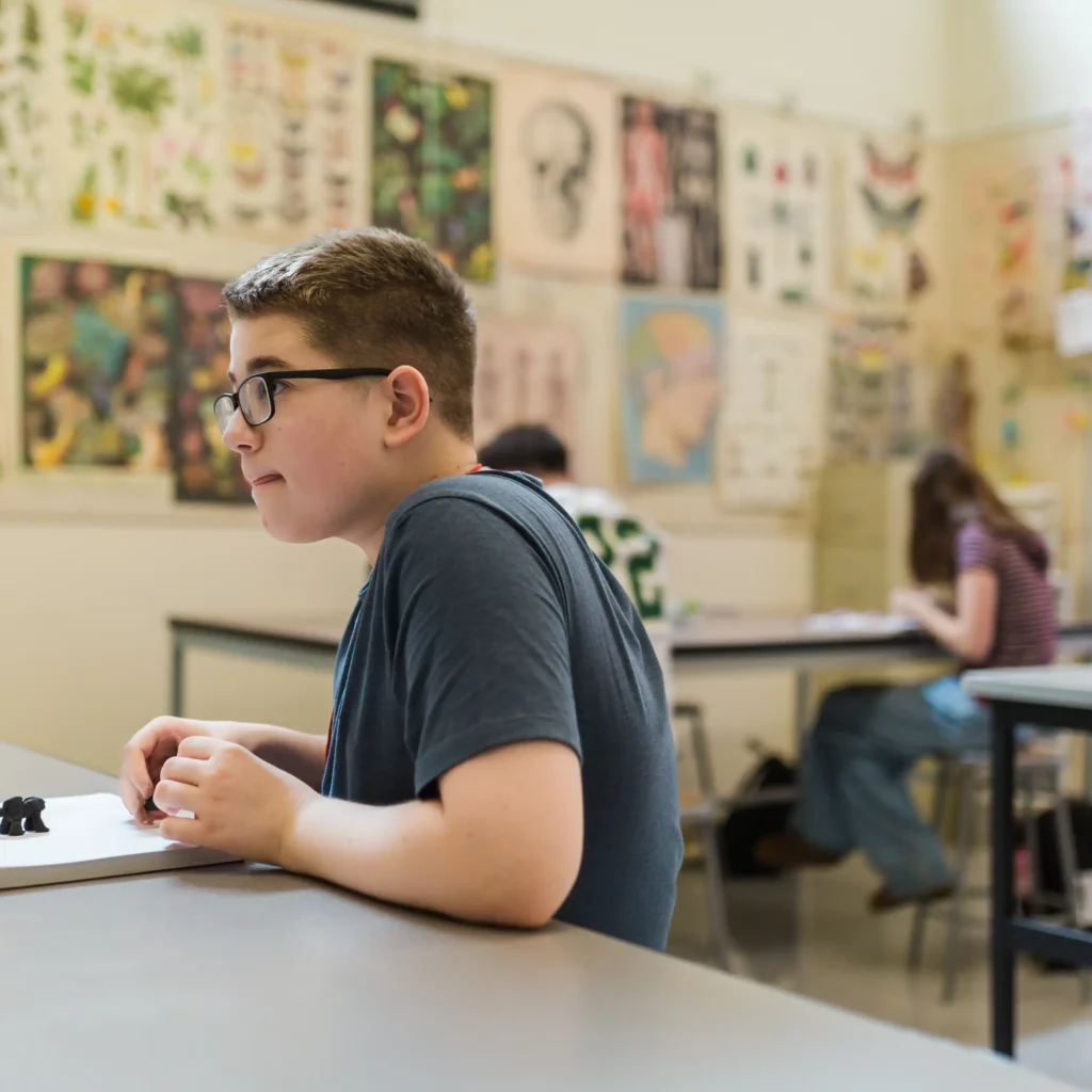 Student at desk looking up with two student in the background - classroom